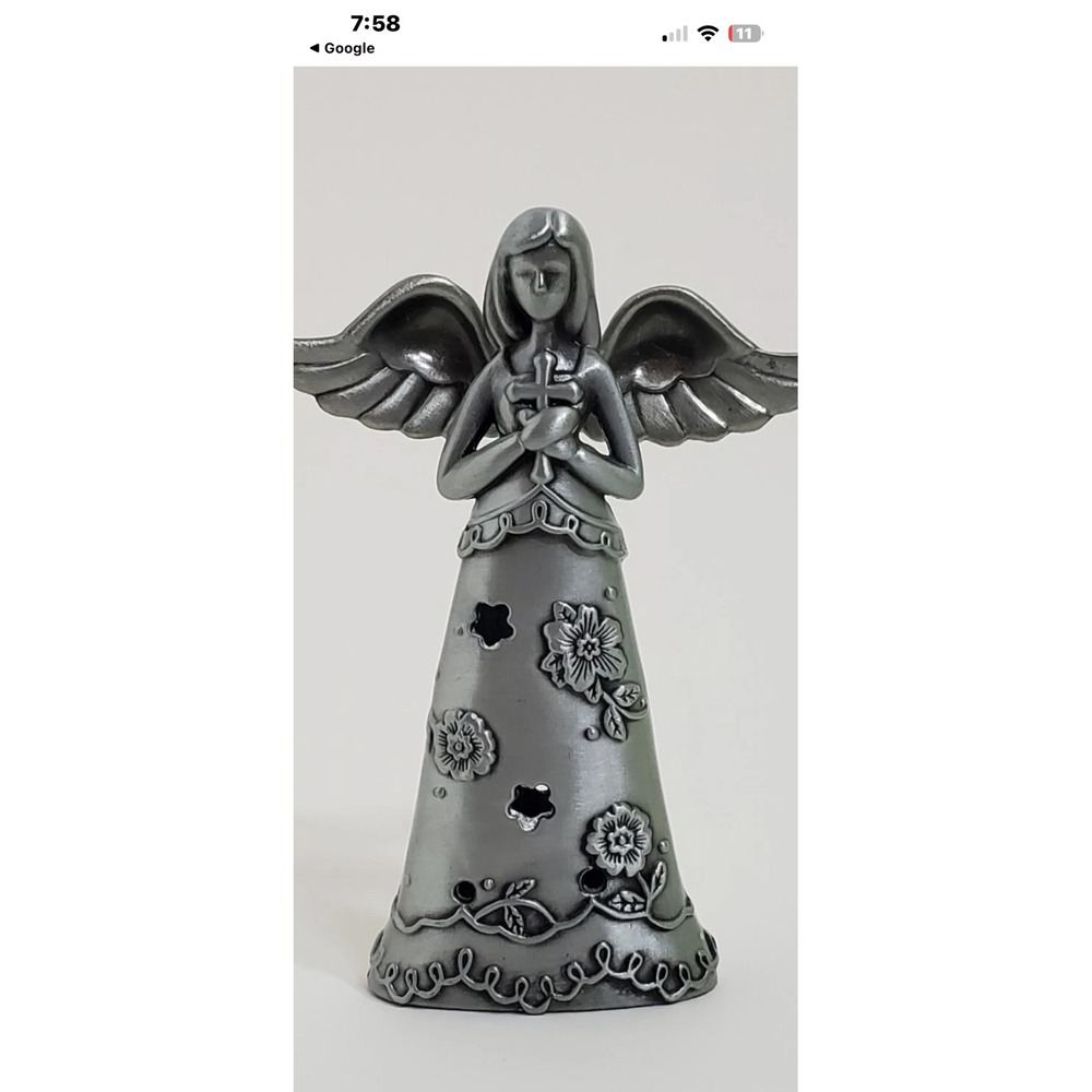 Silver Tone‎ Cast Metal Angel Figurine Floral Gown Holding Cross Religious Decor